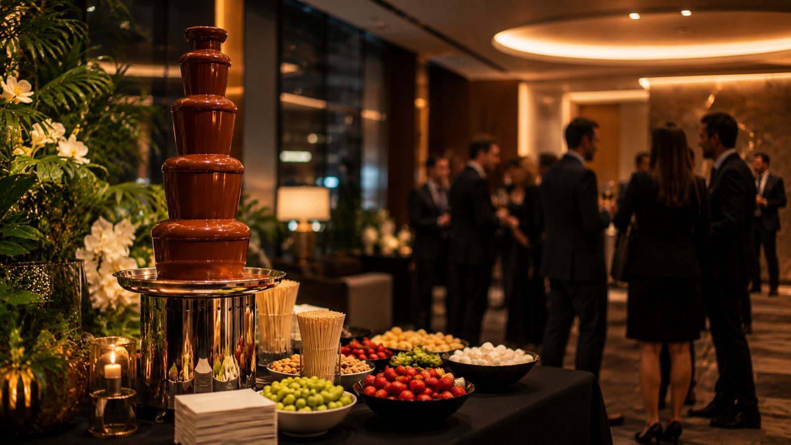Evento corporativo con fuente de chocolate