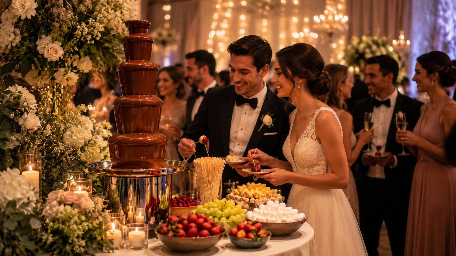 Novios e invitados disfrutando de la fuente