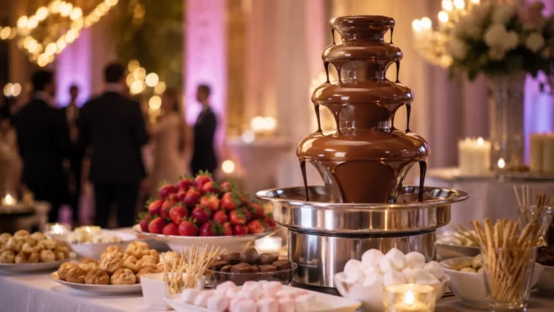 Fuente de chocolate profesional en un evento con frutas y dulces